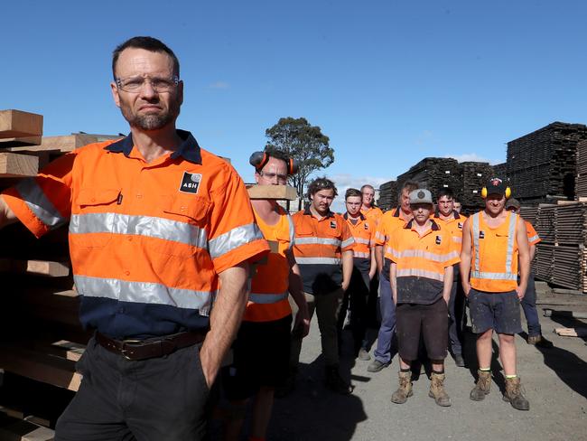 06/03/2017  Vince Hurley CEO of ASH Timber processing plant in Heyfield Victoria with some of the workers from the plant.Picture: David Geraghty, The Australian.