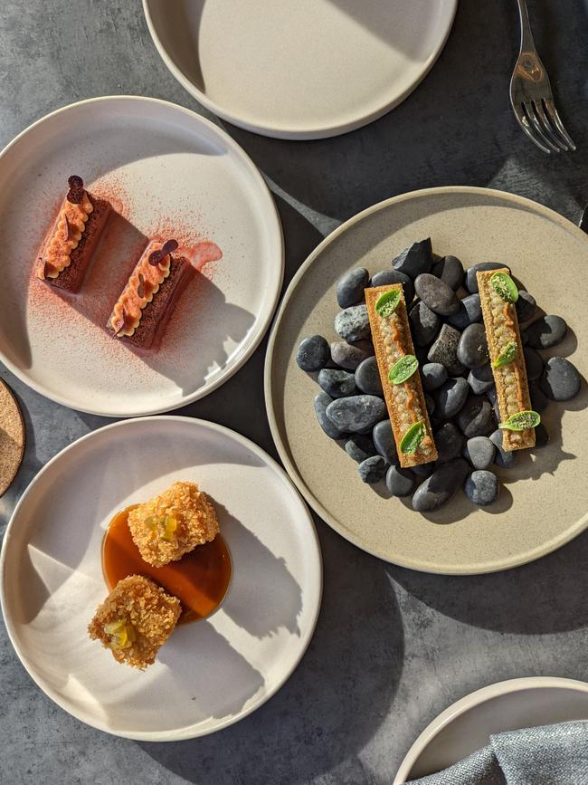 Burnt leek, aubergine cracker and crumbed daikon radish. Picture Hanmo Li