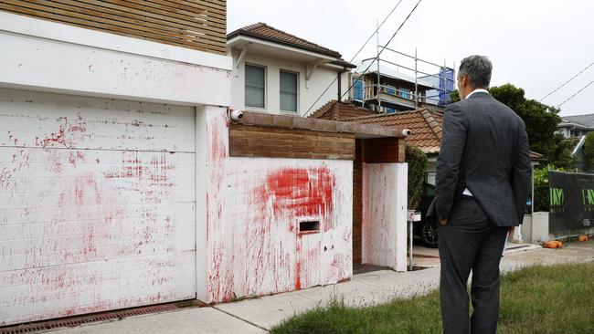 Executive Council of Australian Jewry Co-CEO Alex Ryvchin looking at his old home in Dover Heights that was targeted in another anti-Semitic attack with cars torched, hate messages sprayed on them and the house was also splashed with red paint. Picture: Jonathan Ng