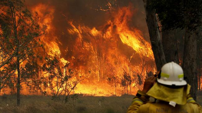 A bushfire rages near Old Bar on the mid-north coast of NSW