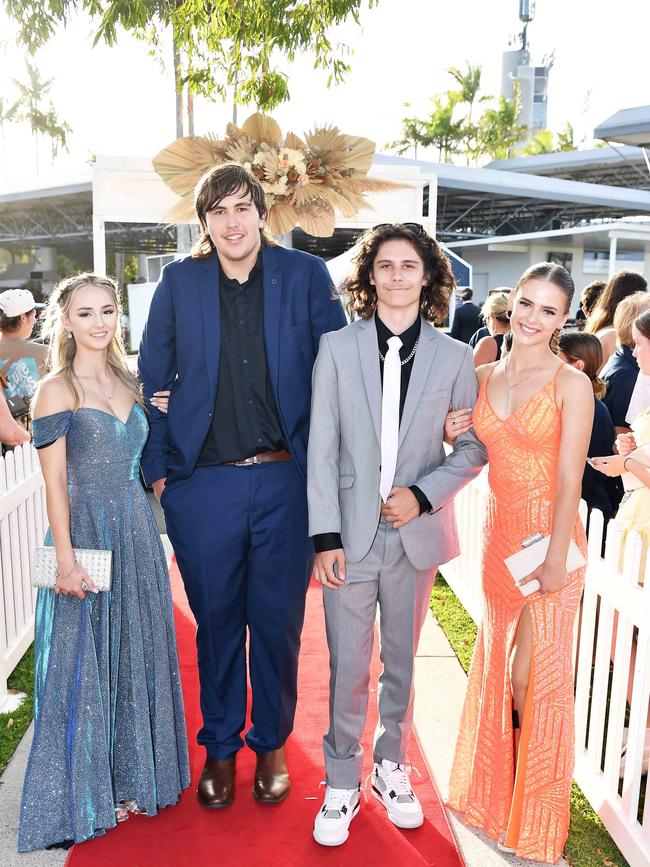 Richelle Eley Casey, Talan Kraut, Jordan Richters, and Crysta Young at the 2023 Caloundra State High School Year 12 formal. Picture: Patrick Woods.