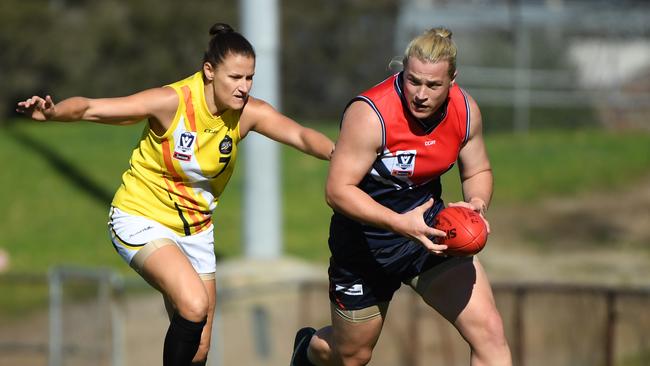 Hannah Mouncey, playing for Darebin in the VWFL, won’t nominate for the AFLW draft. Picture: AAP