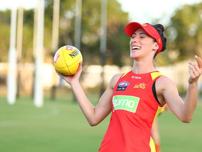 Cheyenne Hammond smiles during a Gold Coast Suns AFLW training session at Austworld Centre at Metricon Stadium on November 25, 2019 in Gold Coast, Australia. (Photo by Chris Hyde/Getty Images)