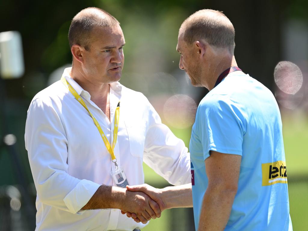 Brad Green shakes hands with Simon Goodwin. Picture: Quinn Rooney/Getty Images