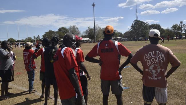 The Thunder supporters and coaches watching on during the Tiwi Island Football League grand final between Tuyu Buffaloes and Pumarali Thunder. Picture: Max Hatzoglou