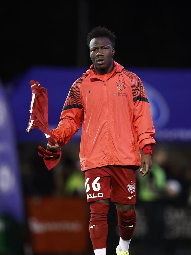 Nestory Irankunda, who is rumoured to be finalising a deal with German team Bayern Munich, fell during Friday nights match against Campbelltown City. Picture: Daniel Pockett/Getty Images