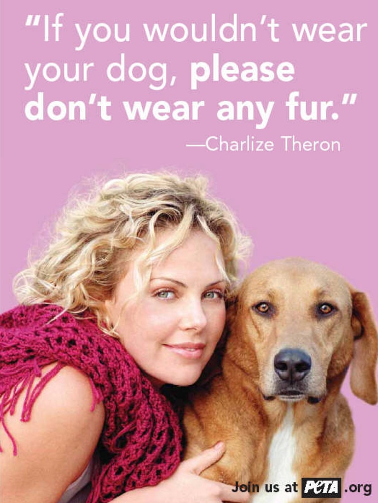 Actor Charlize Theron in advertisement for an anti-fur campaign ad sponsored by the environmental group People for the Ethical Treatment of Animals (PETA).