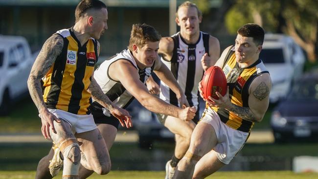 Outer East: Upwey Tecoma’s Connor Morton with the ball. Picture: Valeriu Campan