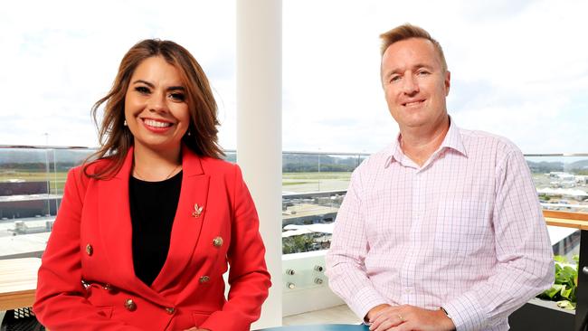 New Destination Gold Coast chief executive Patricia O'Callaghan at Gold Coast Airport with Airport boss Chris Mills. Photo: Scott Powick