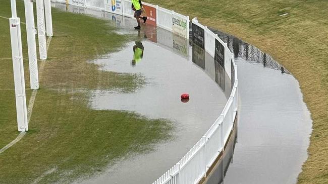 The new Barossa footy oval at Lyndoch waterlogged on Saturday. Picture: David Lewis