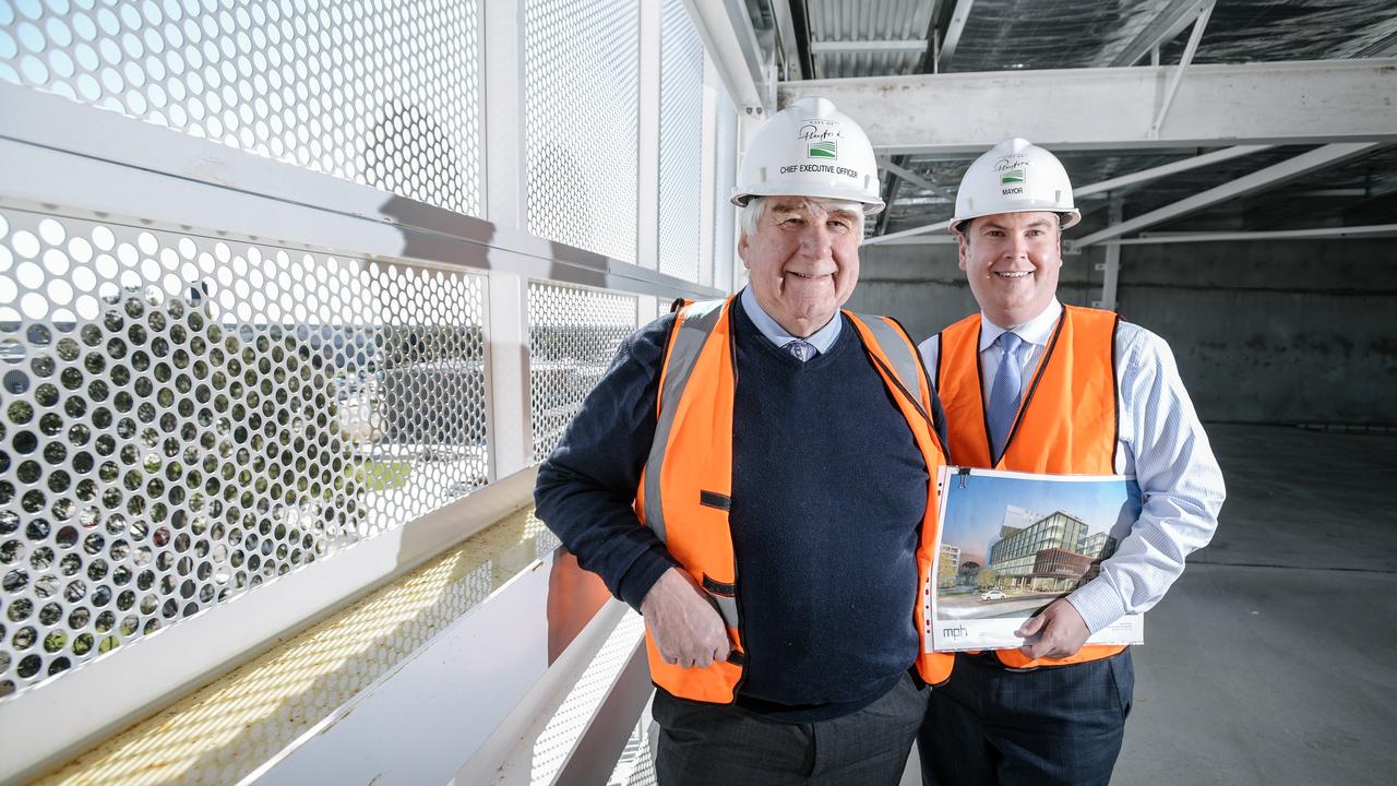 CEO of City of Playford Mal Hemmerling and Mayor Glenn Docherty in the new Windsor Carpark in Elizabeth in 2018. Picture: Morgan Sette/AAP