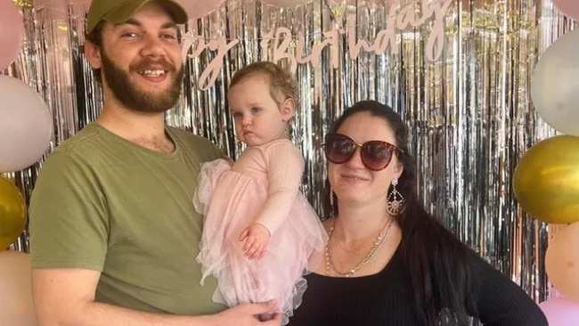 Jason Shillingsworth and partner Chloe McKay with their daughter Peyton, 14 months. The Bargara family have been torn apart after Chloe, 21, was forced to travel more than 1,000 kilometres to Townsville University Hospital without her family after fears she would prematurely give birth to twin boys. Picture: Supplied