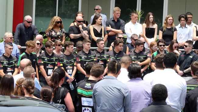 Members of the Helensvale Hogs gather to mourn Jack Beasley at the Southport Church of Christ.