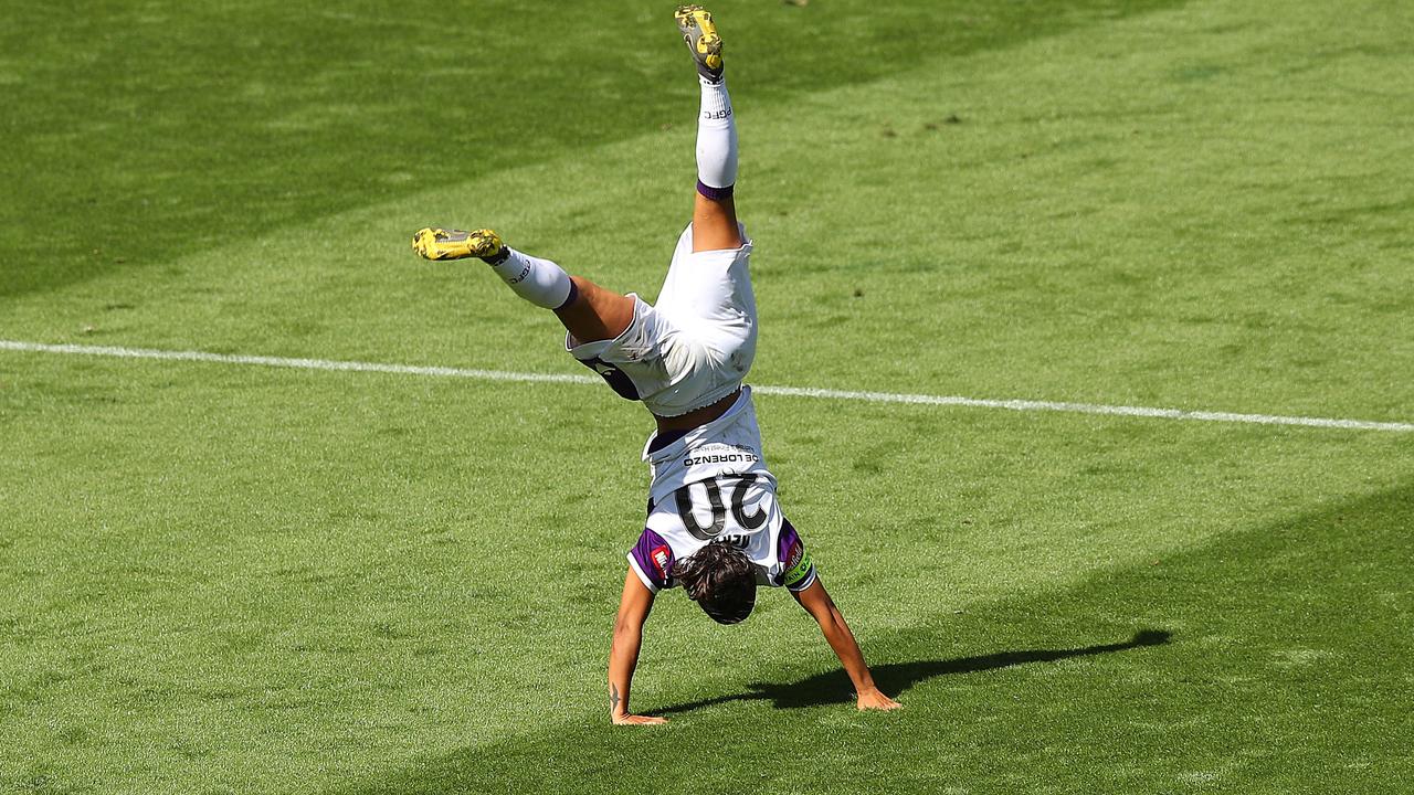 Sam Kerr of the Glory celebrates her third goal