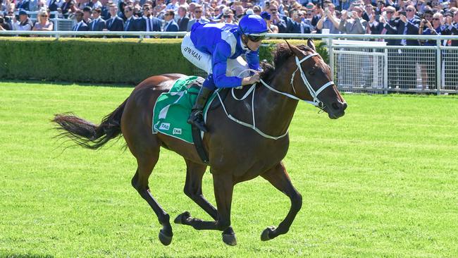 Jockey Hugh Bowman wins race 6 riding Winx in the Tab Chipping Norton Stakes during TAB Chipping Norton Stakes Day at Royal Randwick Racecourse in Sydney, Saturday, March 3, 2018. (AAP Image/Rafal Kontrym) NO ARCHIVING, EDITORIAL USE ONLY