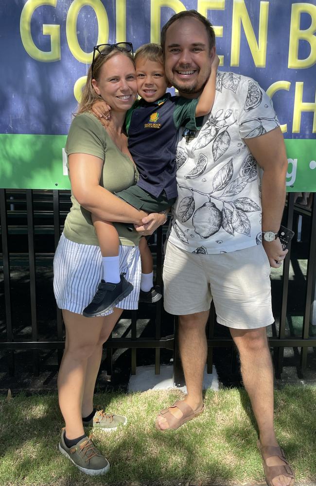 Zuzana, Alex, and David on Alex's first day of school at Golden Beach State School. Picture: Iwan Jones