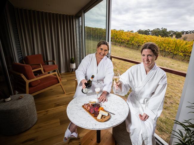 Kat Lebon and Kathy Morony at SA's first vineyard day spa, on April 14th, 2022, at Longview Vineeyard in Macclesfield.Picture: Tom Huntley