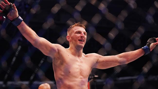 Hooker celebrates the win against Al Aquinta during UFC 243 at Marvel Stadium in 2019.