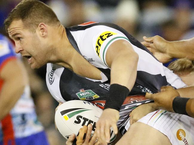 Trent Merrin of the Panthers makes a hit up during the Round 10 NRL match between the Newcastle Knights and the Penrith Panthers at McDonald Jones Stadium in Newcastle, Friday, May 11, 2018. (AAP Image/Darren Pateman) NO ARCHIVING, EDITORIAL USE ONLY