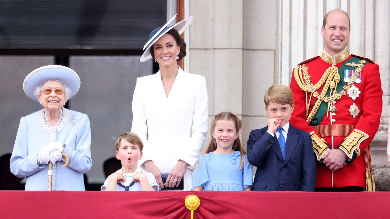 Queen Elizabeth II, Prince Louis of Cambridge, Catherine, Duchess of Cambridge, Princess Charlotte of Cambridge, Prince George of Cambridge and Prince William on the balcony of Buckingham Palace during Trooping The Colour on June 2. Picture: Chris Jackson/Getty Images