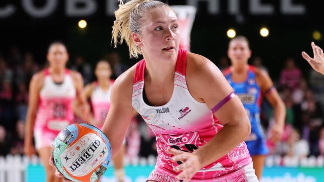 ADELAIDE, AUSTRALIA - MAY 25: Georgie Horjus of the Adelaide Thunderbirds during the round seven Super Netball match between Adelaide Thunderbirds and NSW Swifts at Adelaide Entertainment Centre, on May 25, 2024, in Adelaide, Australia. (Photo by Sarah Reed/Getty Images)