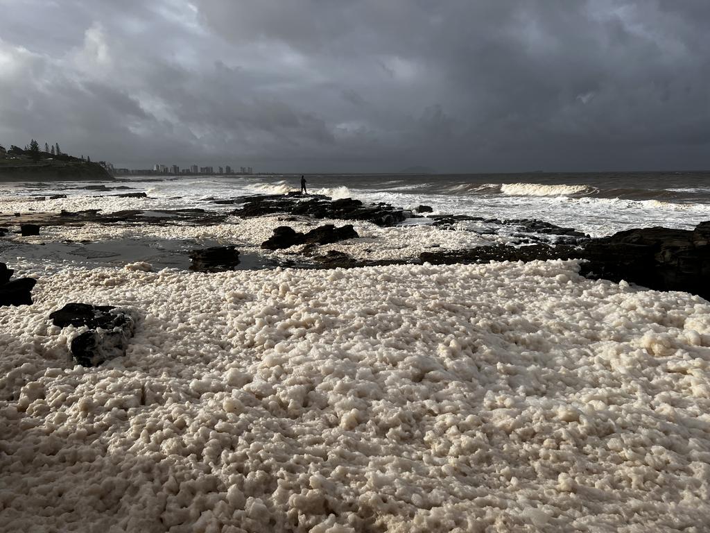 Storm activity offshore whips up foam at Mooloolaba on the Sunshine Coast. Picture: Mark Furler