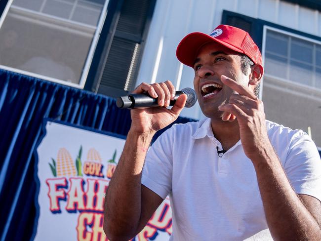 (FILES) US entrepreneur and 2024 Presidential hopeful Vivek Ramaswamy raps after doing a Fair Side Chat with Governor Kim Reynolds, at the Iowa State Fair in Des Moines, Iowa, on August 12, 2023. Rap star Eminem has formally asked Republican presidential hopeful Vivek Ramaswamy to stop using his music on the campaign trail, according to a letter made public on August 28, 2023. (Photo by Stefani Reynolds / AFP)