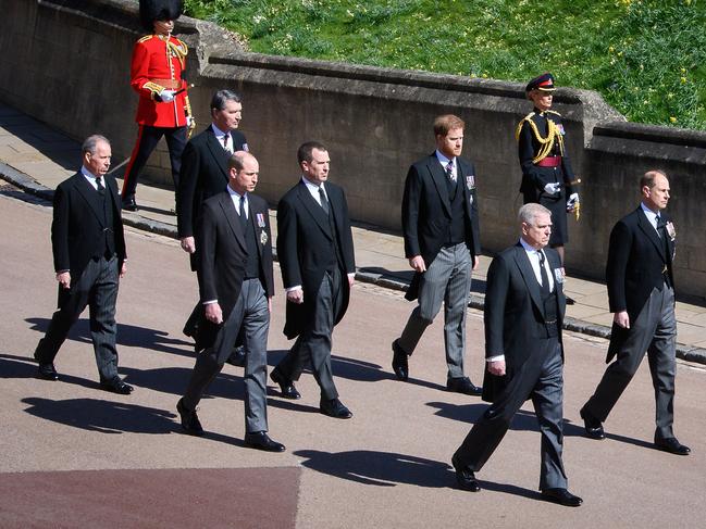 Earl of Snowdon David Armstrong-Jones, Vice-Admiral Sir Timothy Laurence, Prince William, Duke of Cambridge, Peter Phillips, Prince Harry, Duke of Sussex, Prince Andrew, Duke of York and Prince Edward, Earl of Wessex during the funeral of Prince Philip. Picture: Getty