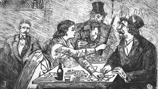 A 1880s illustration of a woman berating a Melbourne card sharp. Picture: State Library of Victoria