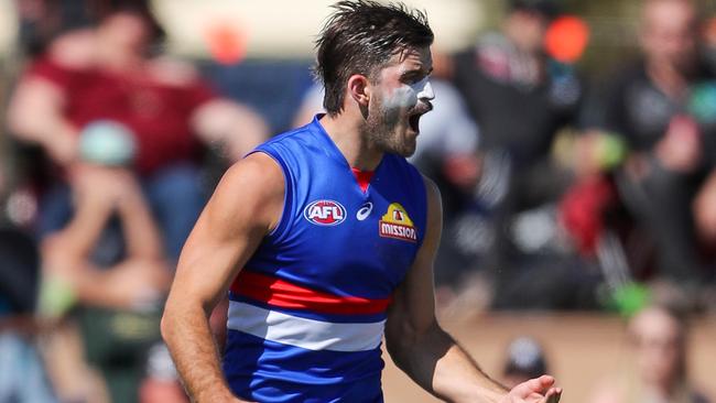 Josh Bruce celebrates a goal for Western Bulldogs during pre-season.