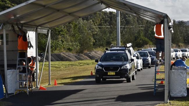 A QML Pathology drive-through Covid-19 testing clinic at the Cavanbah Centre on Ewingsdale Rd at Byron Bay.