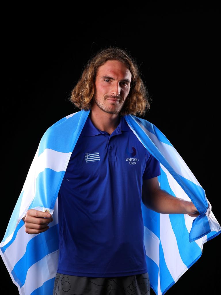 Stefanos Tsitsipas poses during a 2023 United Cup media opportunity in Perth. Photo by Paul Kane/Getty Images.