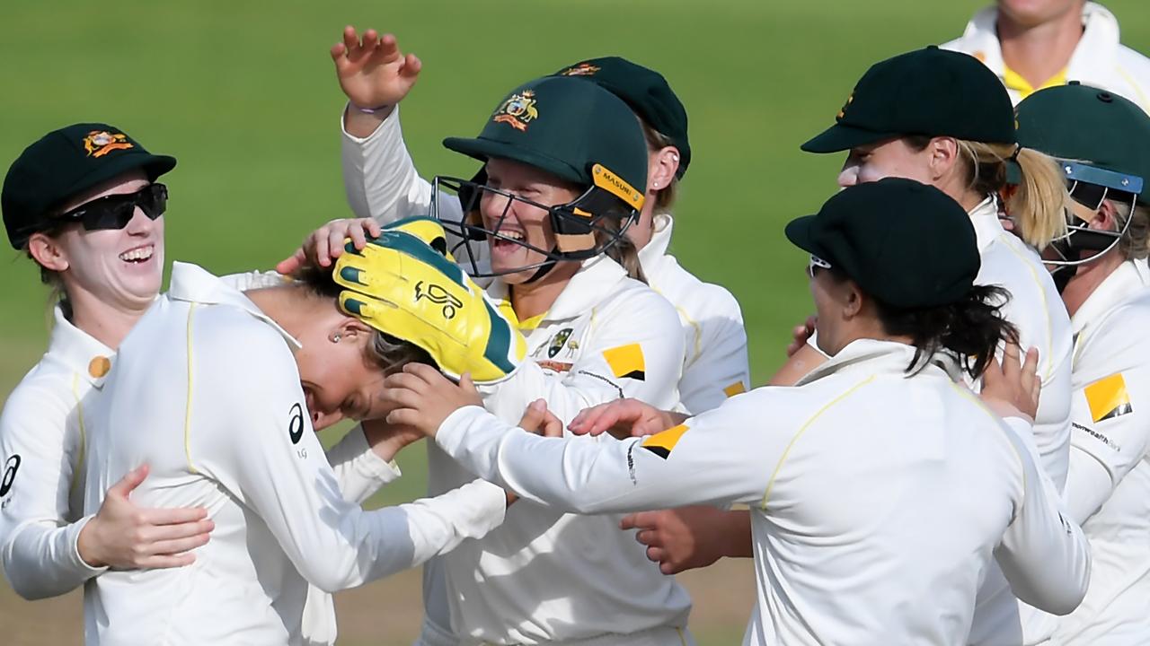 Australia celebrate Ash Gardner’s debut Test wicket.