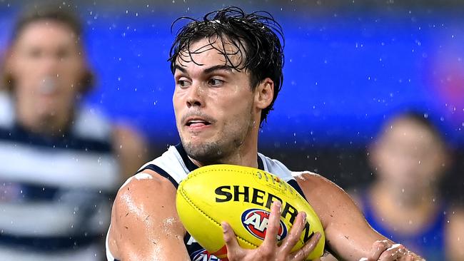 BRISBANE, AUSTRALIA - APRIL 20: Jack Bowes of the Cats in action during the round nine AFL match between Brisbane Lions and Geelong Cats at The Gabba, on April 20, 2024, in Brisbane, Australia. (Photo by Albert Perez/AFL Photos via Getty Images)