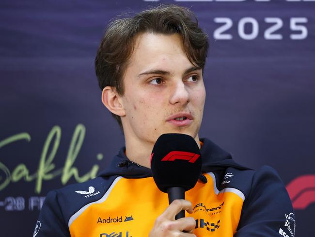 BAHRAIN, BAHRAIN - FEBRUARY 28: Oscar Piastri of Australia and McLaren speaks during the Drivers Press Conference during day three of F1 Testing at Bahrain International Circuit on February 28, 2025 in Bahrain, Bahrain. (Photo by Clive Rose/Getty Images)