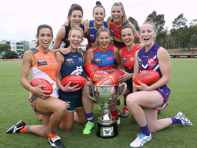 AFLW Season Launch and skippers with cup (they would not hold cup)  Sharp GWS Amanda Farrugia Western Bulldogs Katie Brennan Melbourne Daisey Pearce Carlton Lauren Arnell Fremantle Kara Donnellan Collingwood Steph Chiocci Adelaide Chelsea Randall Brisbane Lions Emma Zielke  Picture:Wayne Ludbey