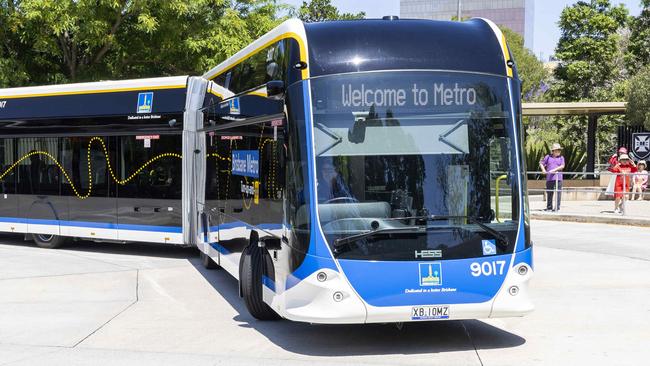 Brisbane residents on board Brisbane Metro from UQ Lakes Station, St Lucia to Eight Mile Plains electric bus depot, Saturday, October 12, 2024 - Picture: Richard Walker