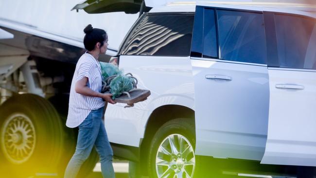 Prince Harry, Meghan Markle and their family - plus what appears to be some very precious cargo - arrive back in California. Picture: Maciel/BACKGRID