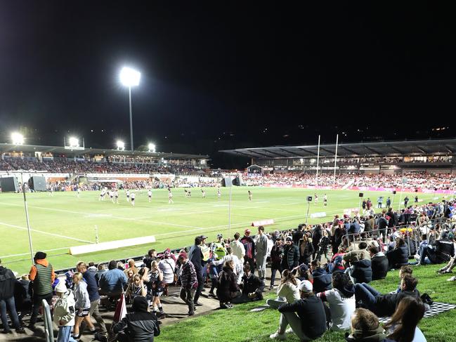 DAILY TELEGRAPH 28TH JULY 2022Photo of fans wearing the ÃPrideÃ Jersey for the Pride round at 4 Pines stadium for the clash between the Eagles & Rooster.Wearing their Pride jumpers.Photo: Tim Pascoe