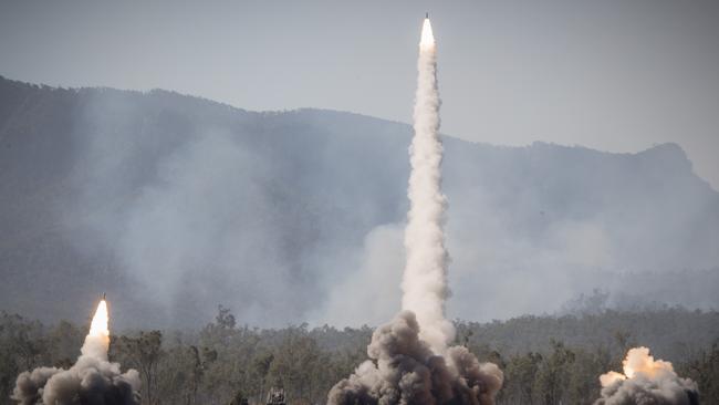 High Mobility Rocket Artillery Systems of the United States Army and United States Marine Corps launch rockets during a firepower demonstration held at Shoalwater Bay Training Area in Queensland, during Talisman Sabre 2021.