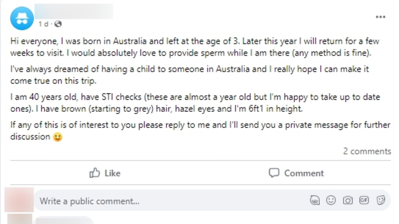 A Facebook post offering to be a sperm donor.