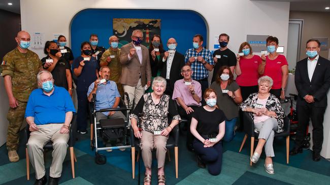 The Prime Minister Scott Morrison with the group that received the first COVID-19 vaccinations at Castle Hill Medical Centre. Picture:Justin Lloyd