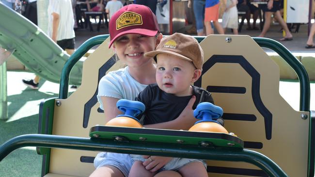 Maisey and Waylon Williams at the redeveloped playground at Rockhampton Botanic Gardens on March 11, 2023. Picture: Aden Stokes