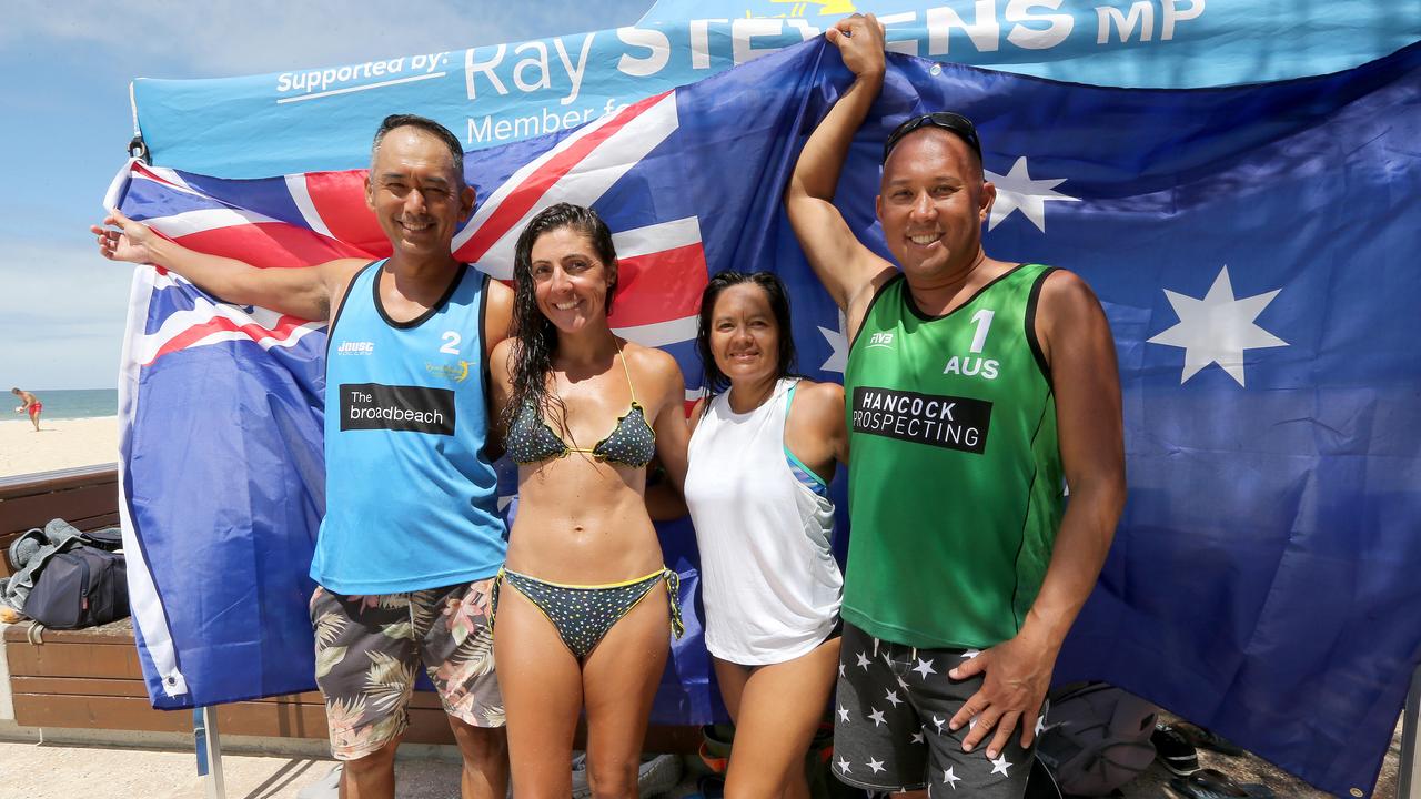 People celebrating Australia Day at Kurrawa Park Broadbeach. (L-R) Yoshi Anzai, Claudia Lagos, Ursula Lindeberg and Damon Fojas of Beach Volleyball Gold Coast. Pic Mike Batterham