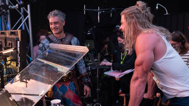 Waititi and Hemsworth on the set of Thor: Love and Thunder. Picture: Jasin Boland