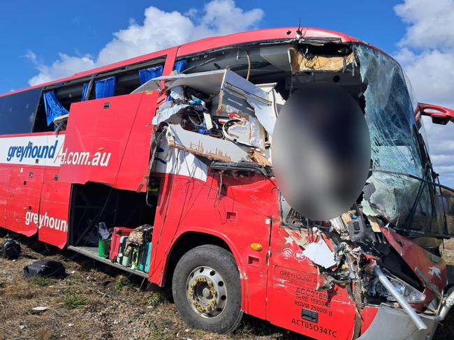 Photographs taken in the immediate aftermath of a horror fatal Greyhound passenger bus crash at Gumlu on the Bruce Highway. The bus driver, picture, miraculously survived. Picture: Supplied