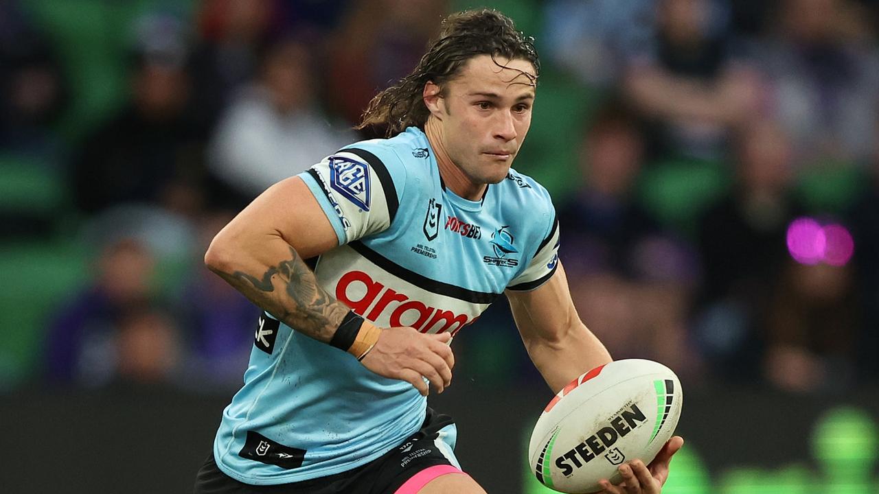 MELBOURNE, AUSTRALIA - JUNE 11: NicholasÃ&#130;Â Hynes of the Sharks runs with the ball during the round 15 NRL match between Melbourne Storm and Cronulla Sharks at AAMI Park on June 11, 2023 in Melbourne, Australia. (Photo by Robert Cianflone/Getty Images)