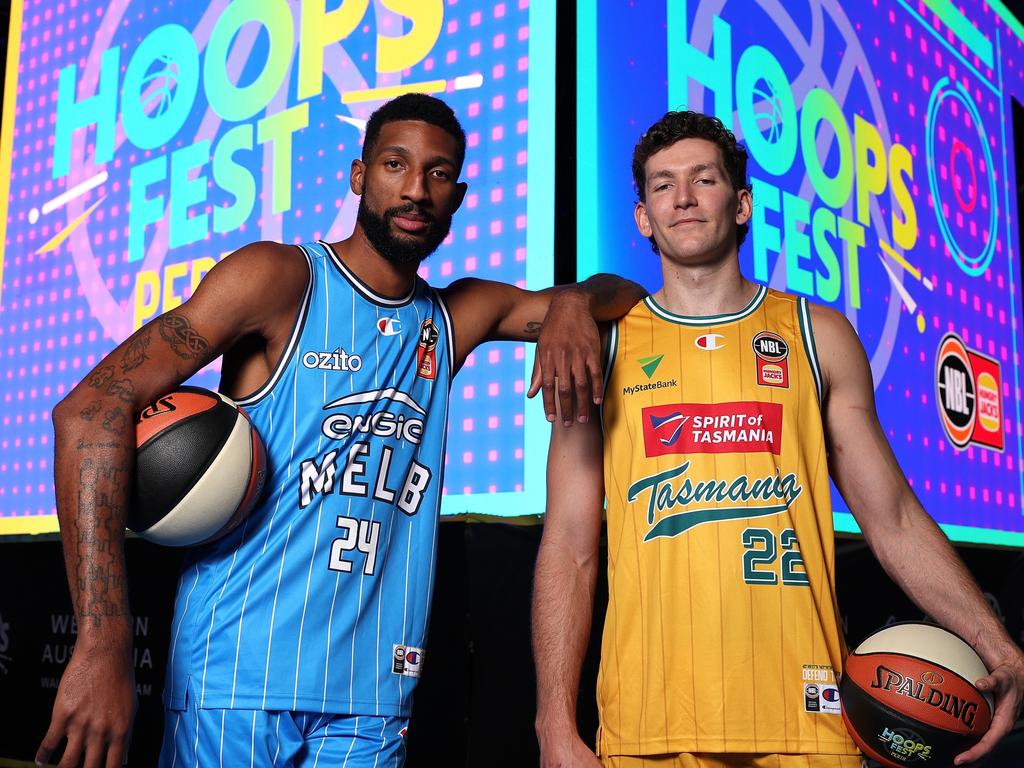 Melbourne United’s Marcus Lee and Will Magnay of the Tasmania JackJumpers. Picture: Getty