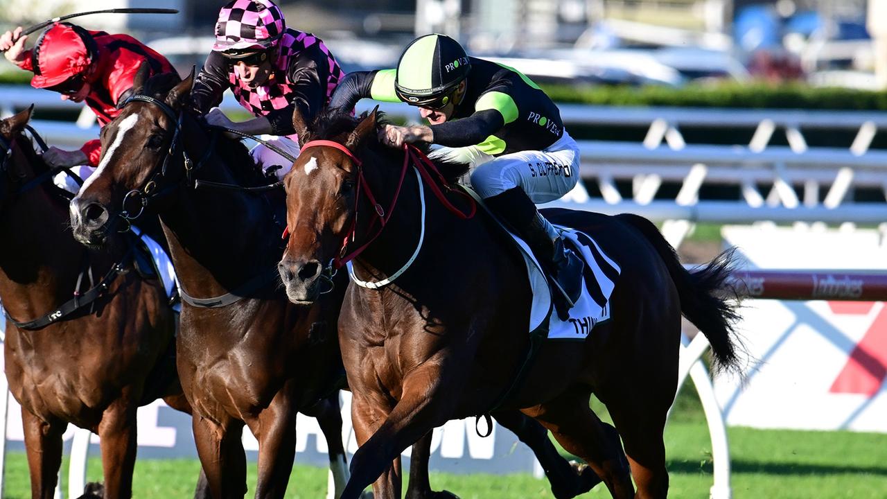 Supplied Editorial Think About It wins the Group 1 Kingsford Smith Cup at Eagle Farm for
  trainer Joe Pride and jockey Sam Clipperton. Picture: Grant Peters, Trackside Photography