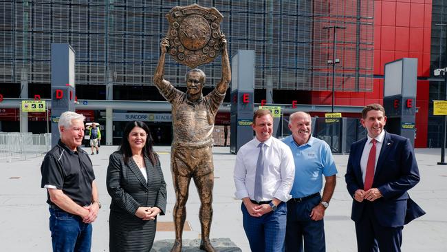 Queensland Premier Steven Miles with Suncorp CEO Alan Graham, Grace Grace, Wally Lewis and Deputy Premier Cameron Dick at Brisbane's Suncorp Stadium on Monday. Picture: NCA NewsWire / Glenn Campbell